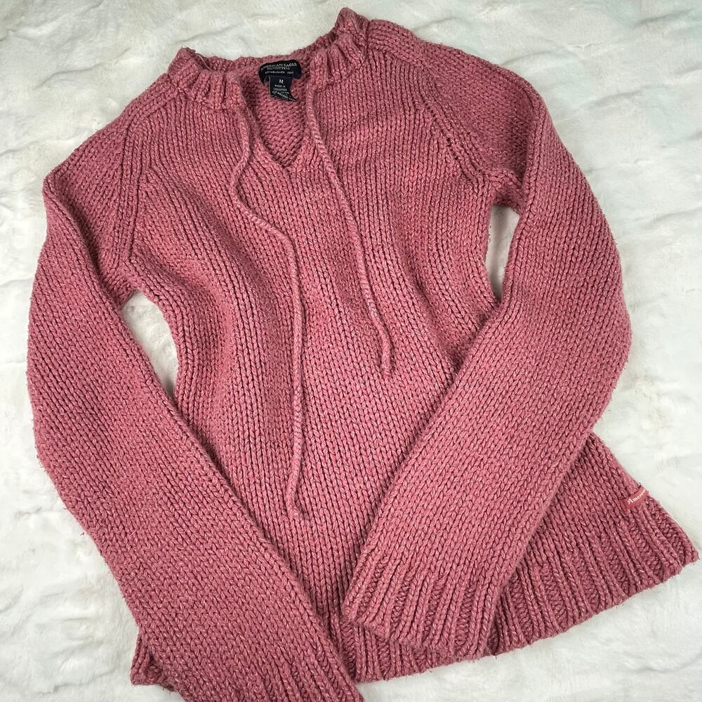 🔥Vintage Y2K 2000s Chunky Knit American Eagle Outfitters Pink Pullover Sweater - Picture 12 of 14